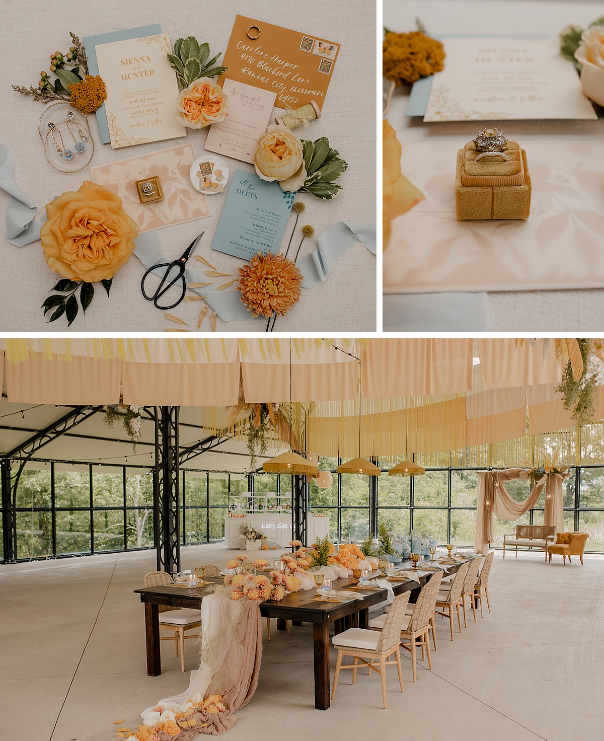 Colorful boho wedding detail flat lay, engagement ring and tablescape design from this styled branding shoot in Kansas City.