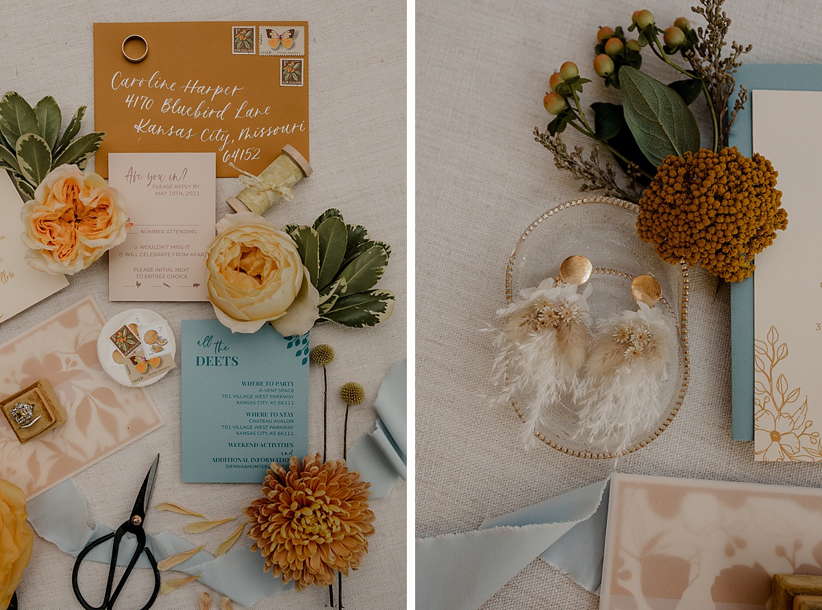 Colorful boho wedding detail flat lay from this styled branding shoot in Kansas City.