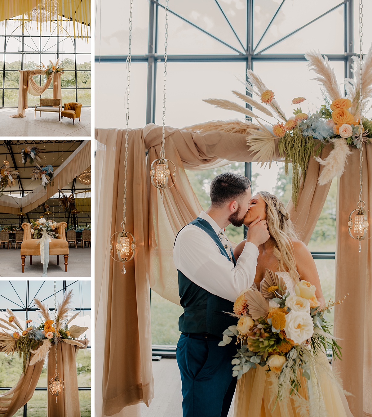 Colorful boho wedding ceremony backdrop with drapery from this styled branding shoot in Kansas City.