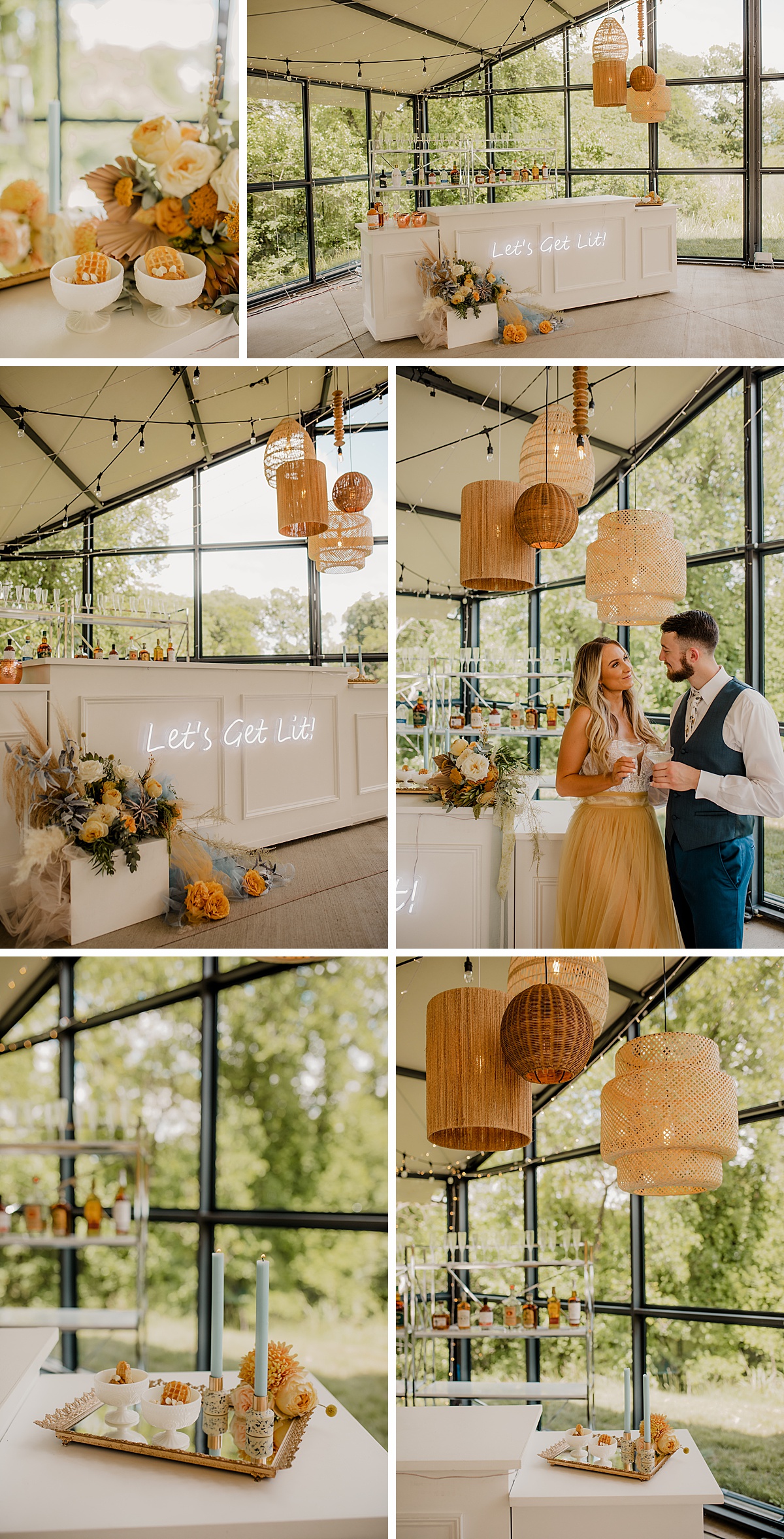 Colorful boho wedding bar and dessert table inspiration from this styled branding shoot in Kansas City.