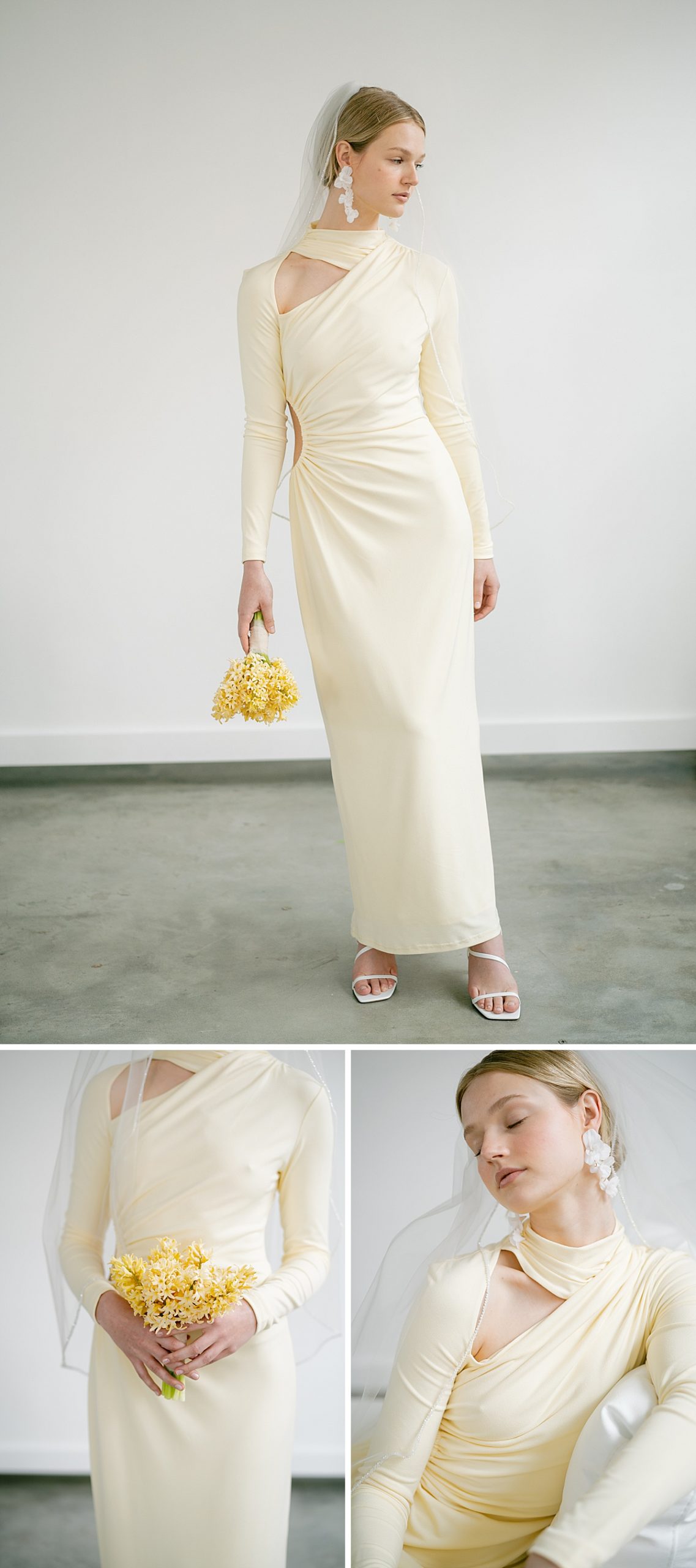 Bride wearing a light yellow cutout dress with bold statement earrings and a yellow floral bouquet. 