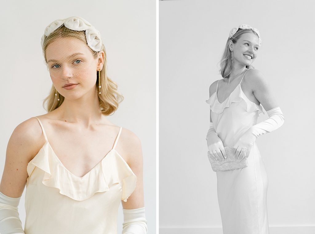 Feminine bridal look with white satin gloves and vintage veil headpiece.