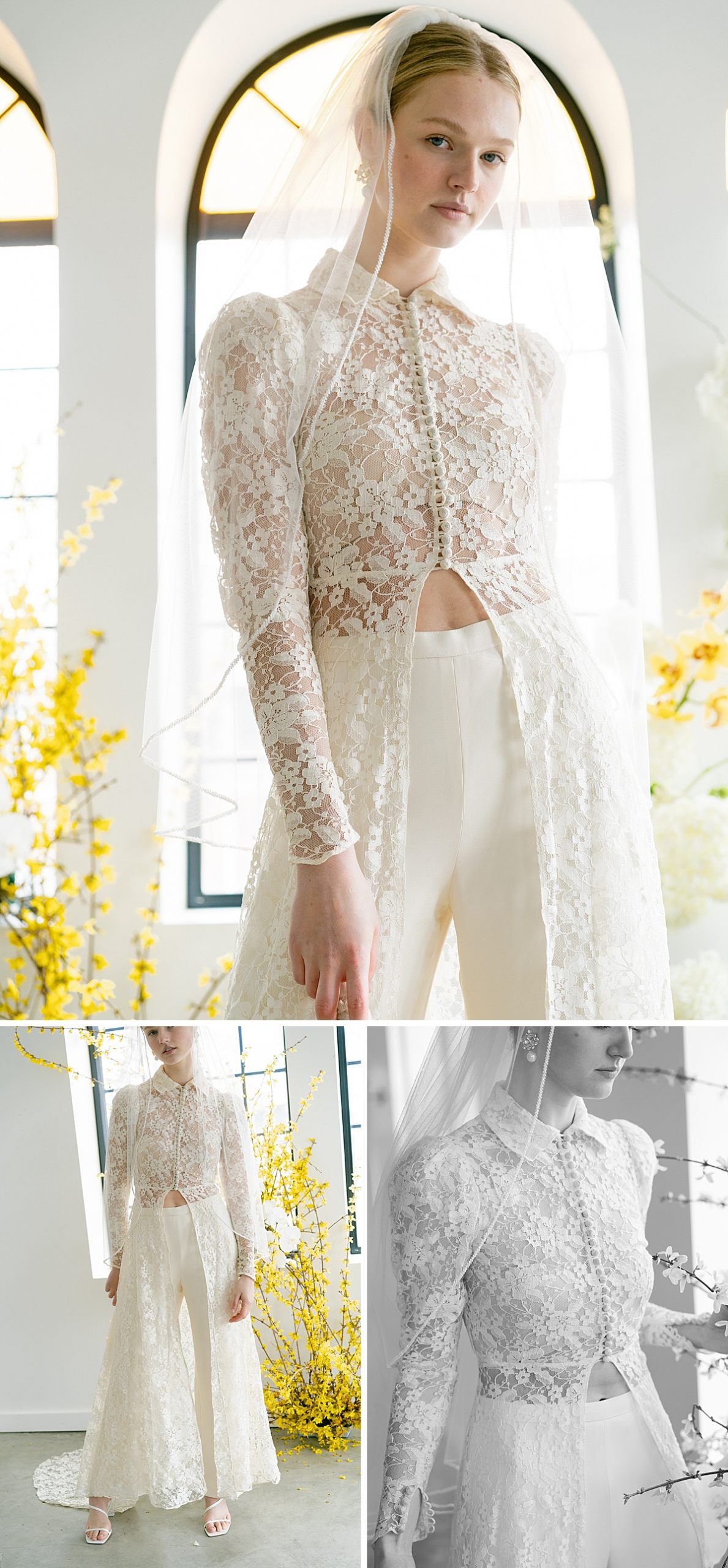 Two piece vintage lace cape and trouser bridal outfit with veil. 