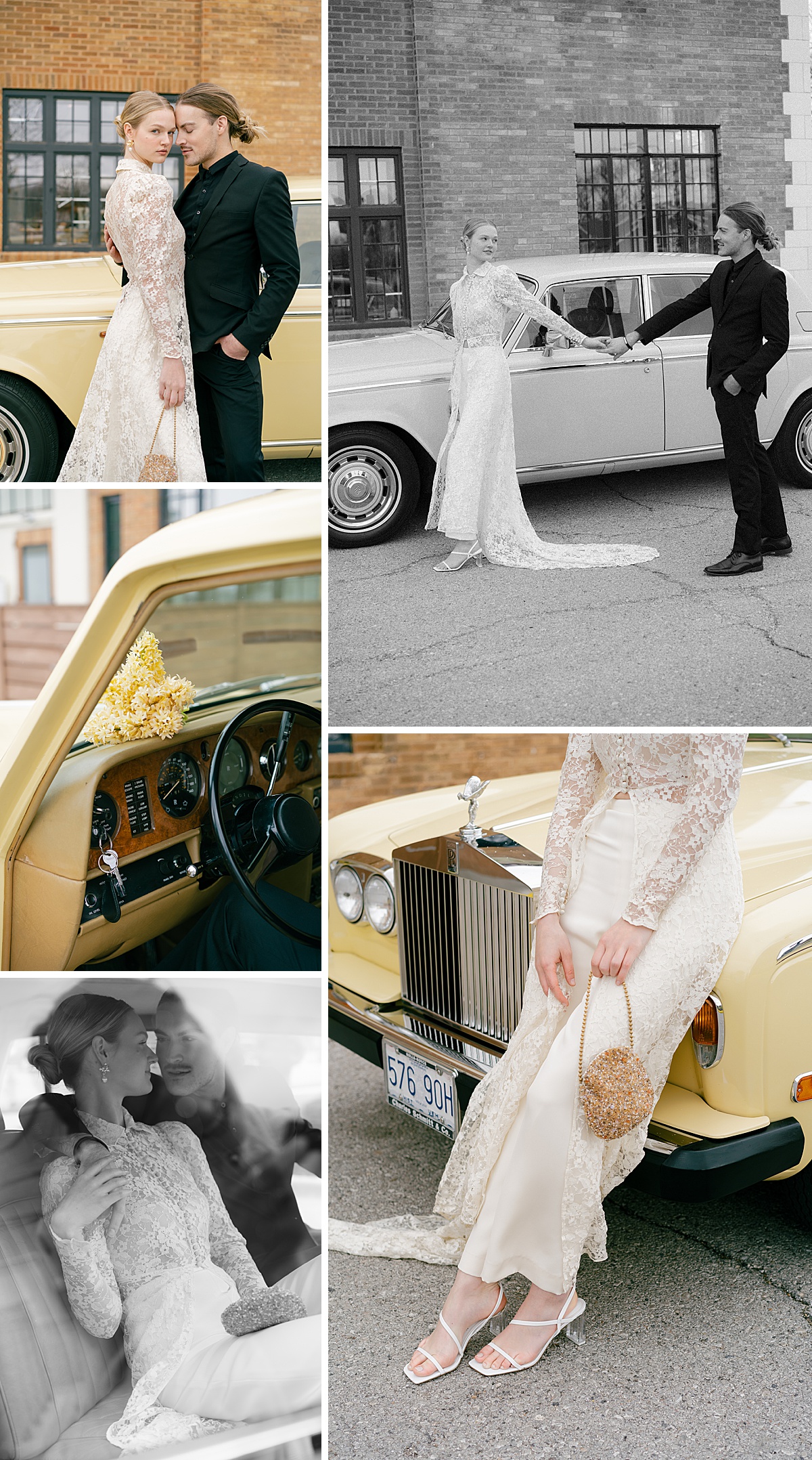 Bride and groom photos with vintage Rolls Royce car at The Juliet in Kansas City. 