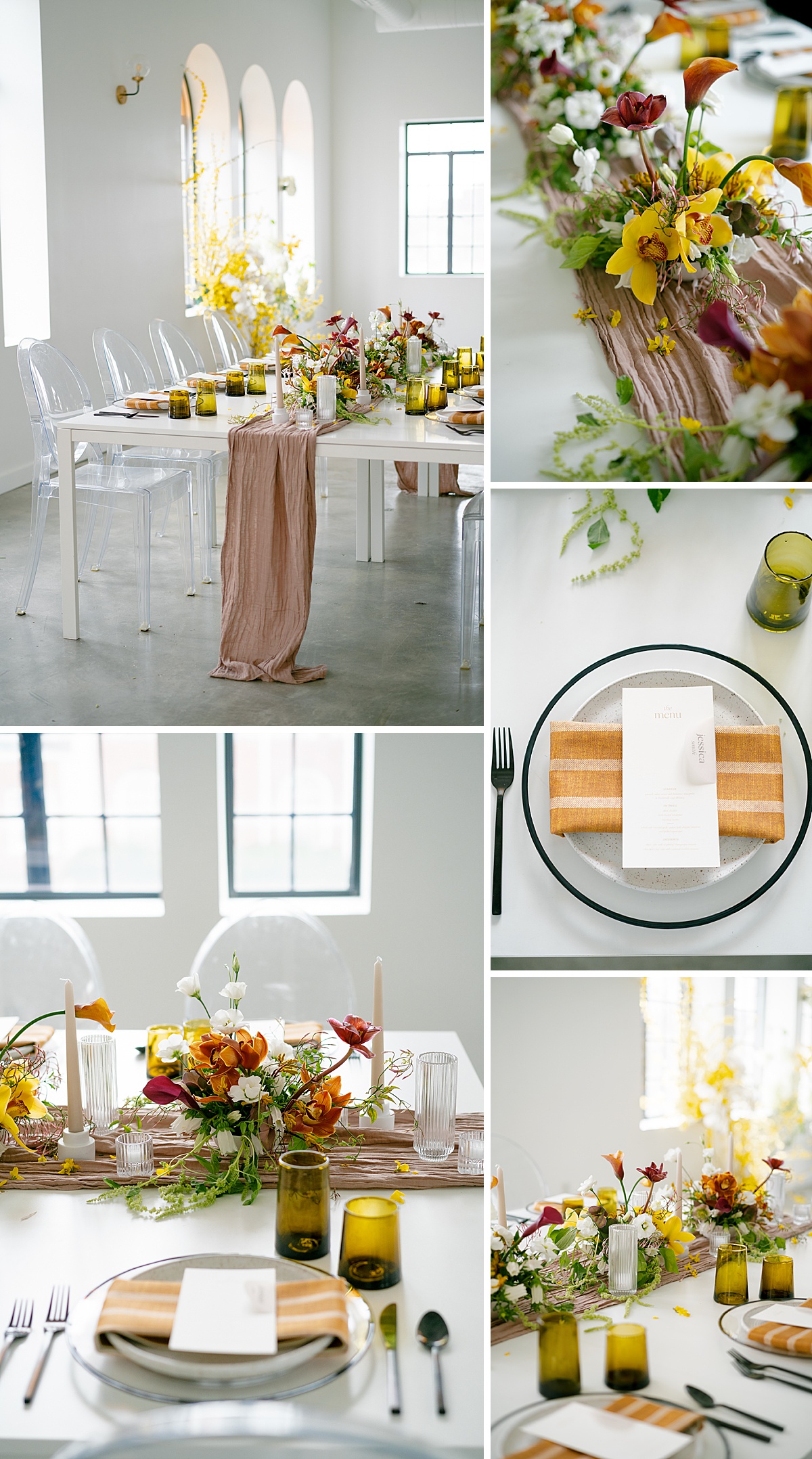 Modern vintage-inspired wedding tablescape design at The Juliet in Kansas City, MO.