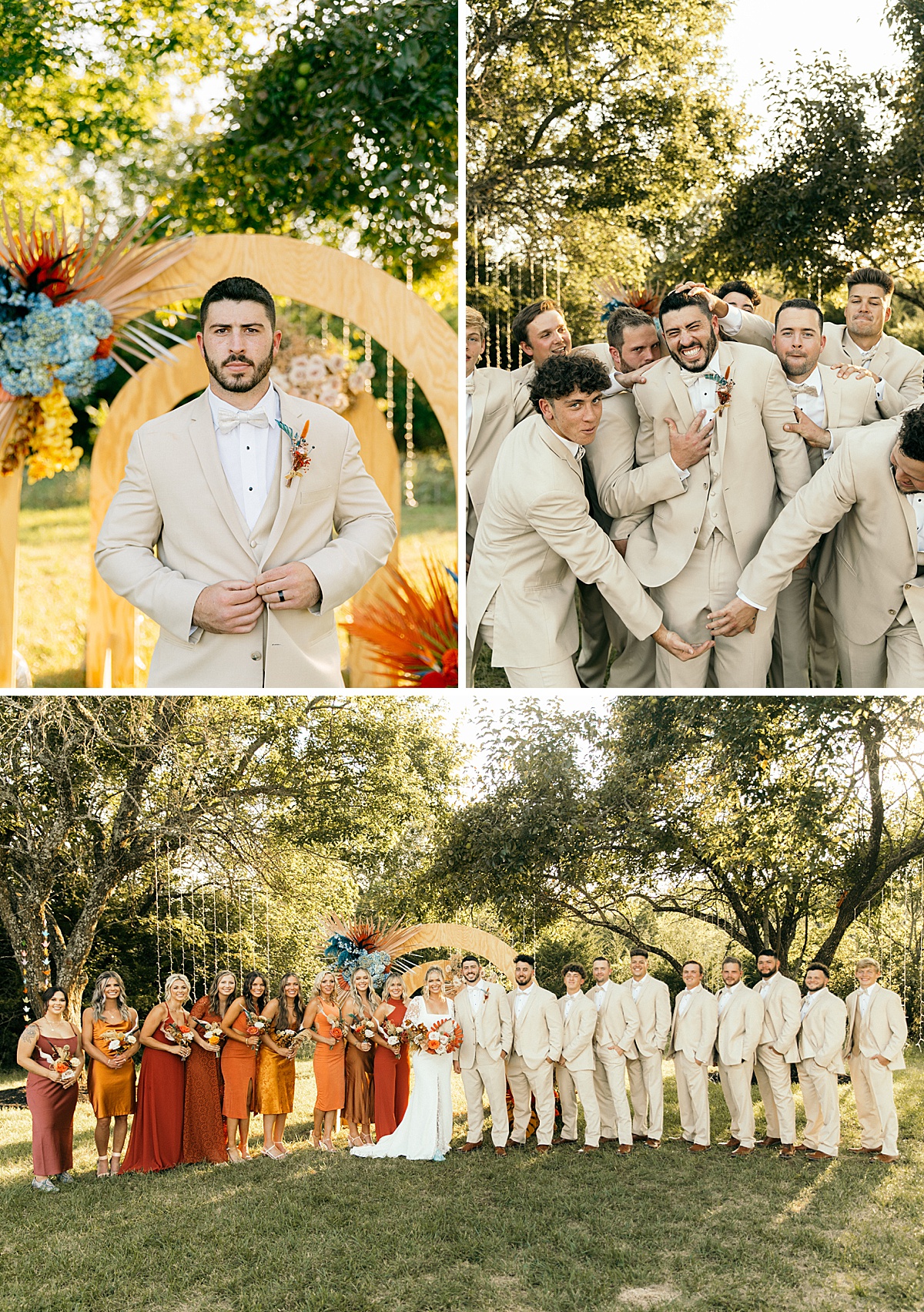 Tan groom and groomsmen suits and mismatched orange bridesmaid dresses.