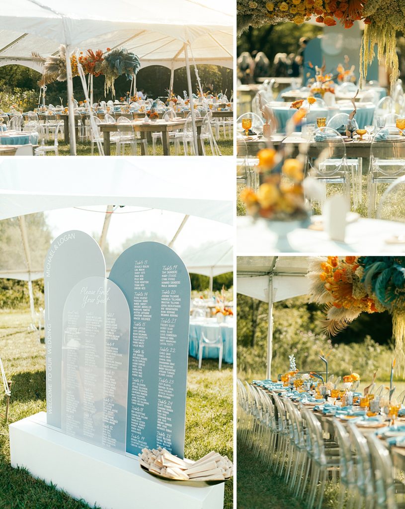 Orange and blue outdoor tented wedding reception in Kansas City with custom signage and large floral installations.