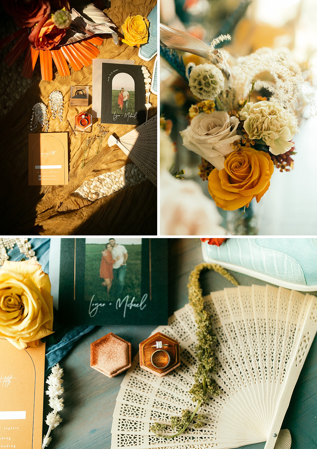 Orange, blue and yellow wedding detail flat lay with invitations, wedding rings and flowers.