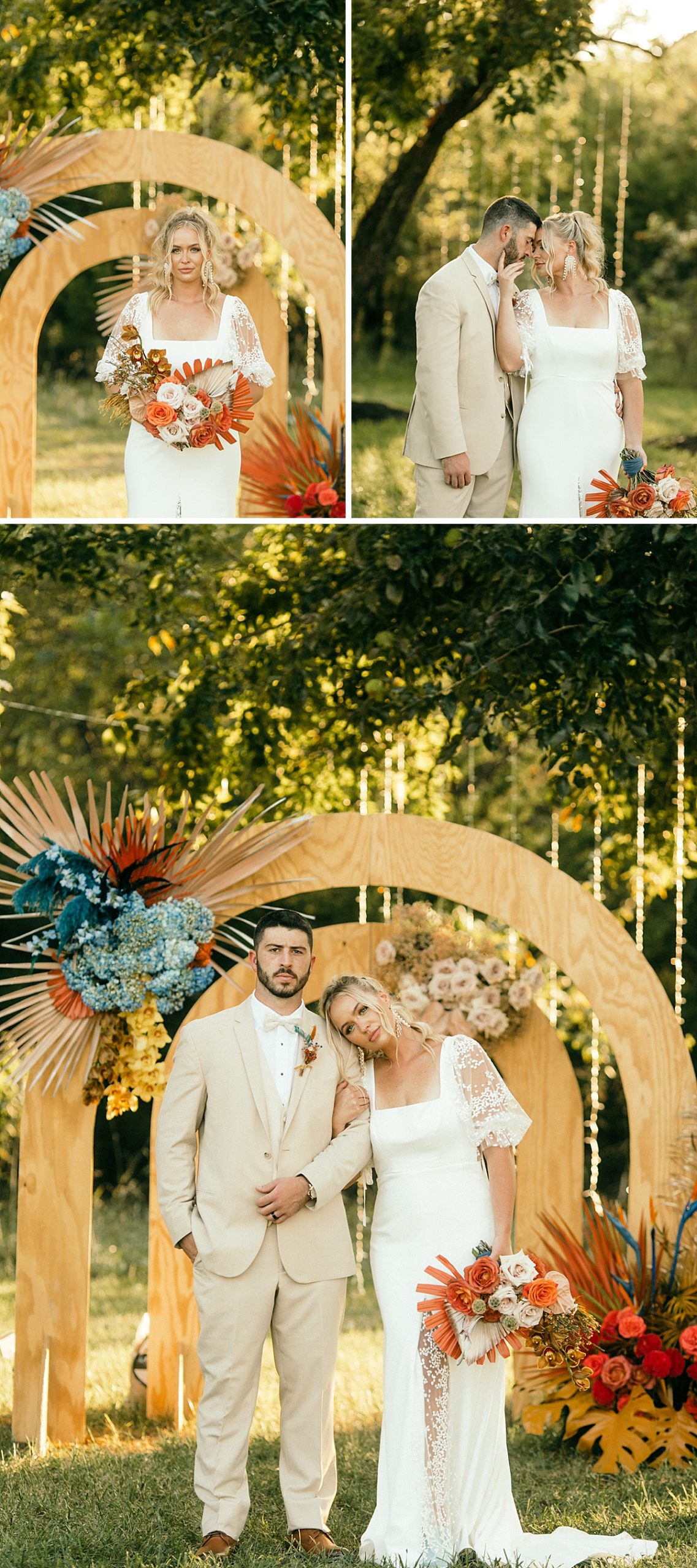 Bride and groom portraits standing in front of two wooden arches with large floral sprays in Kansas City.