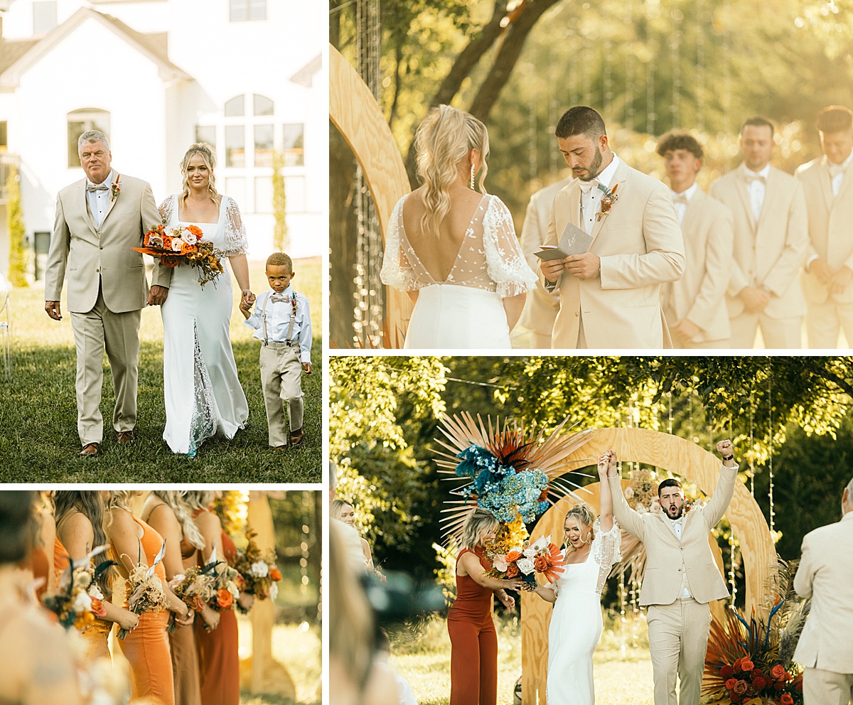 Modern summer garden wedding ceremony in Kansas City with wooden double arch backdrop. 