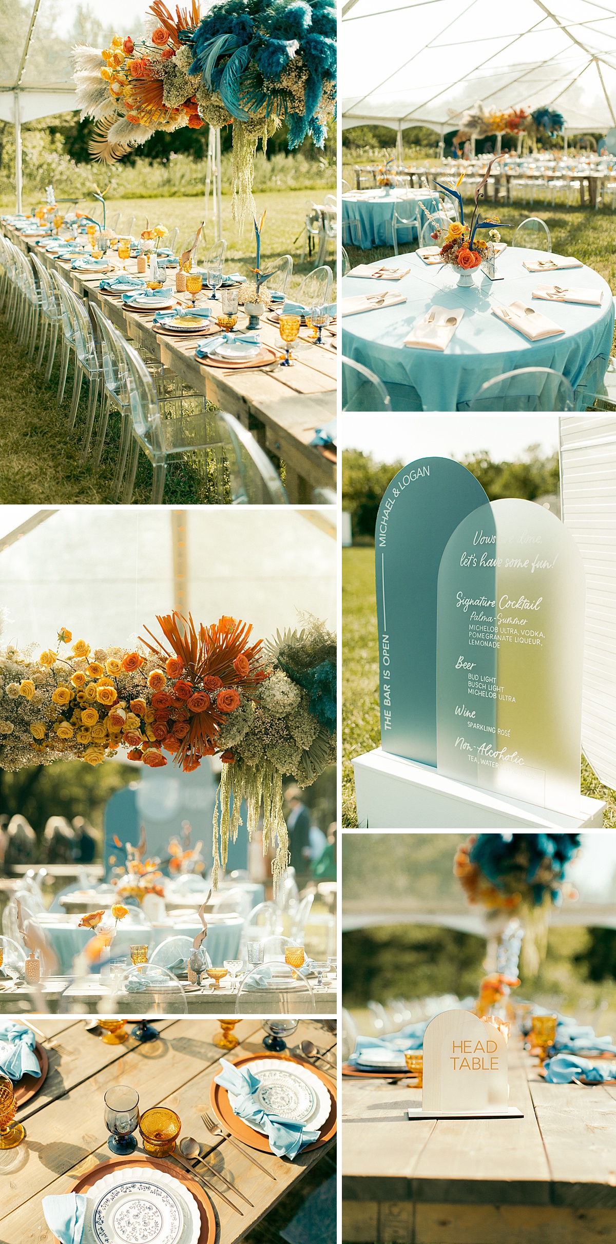 Orange and blue outdoor modern eclectic garden wedding reception in Kansas City with a large hanging floral installation.