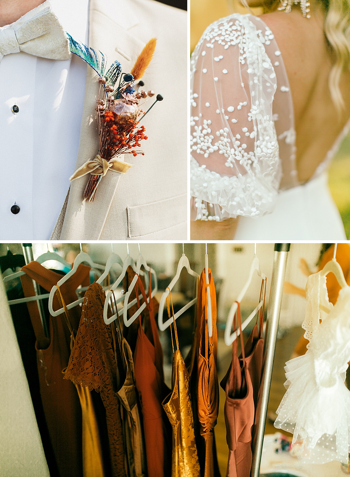 Modern wedding dress feminine sheer poof sleeve, orange bridesmaid dresses and colorful groom boutonniere. 