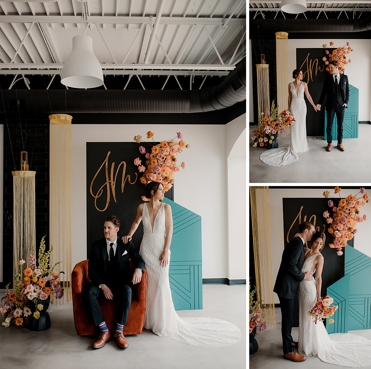 Colorful, modern wedding backdrop at the Maverick KC with custom fringe details.
