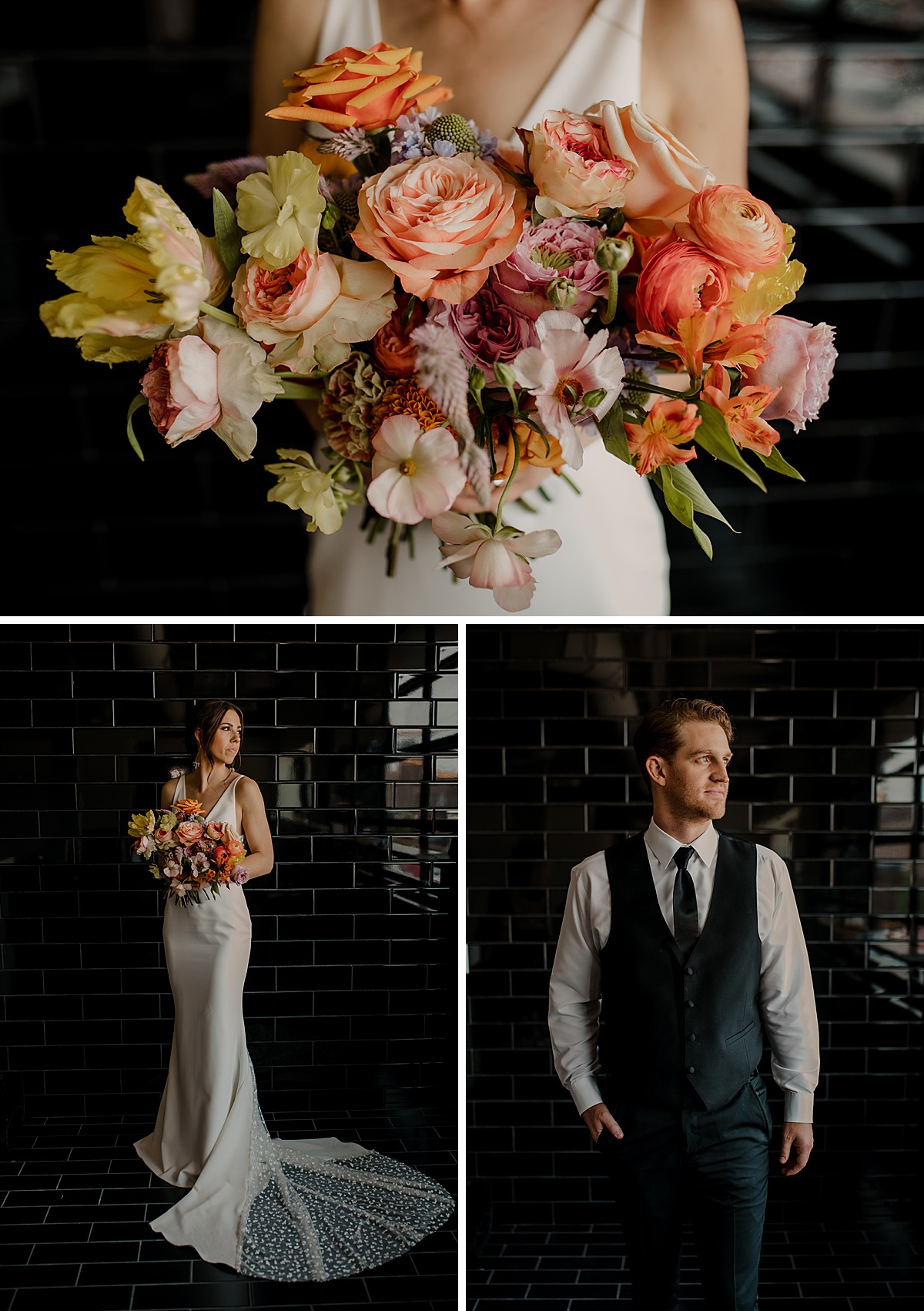 Colorful, artistic wedding bride and groom portraits against a glossy black tile backdrop.