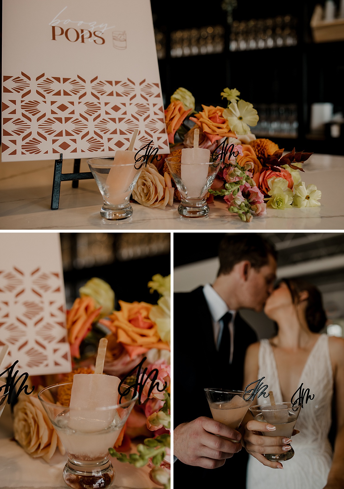 Modern floral wedding bar with cocktail popsicles.
