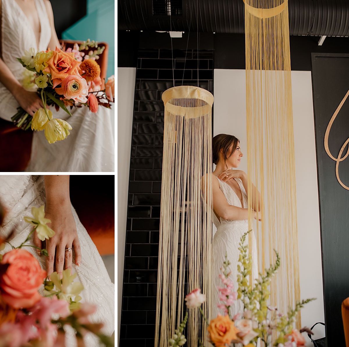 Colorful wedding bouquet and custom fringe decor with an orange, peach, and yellow color palette.