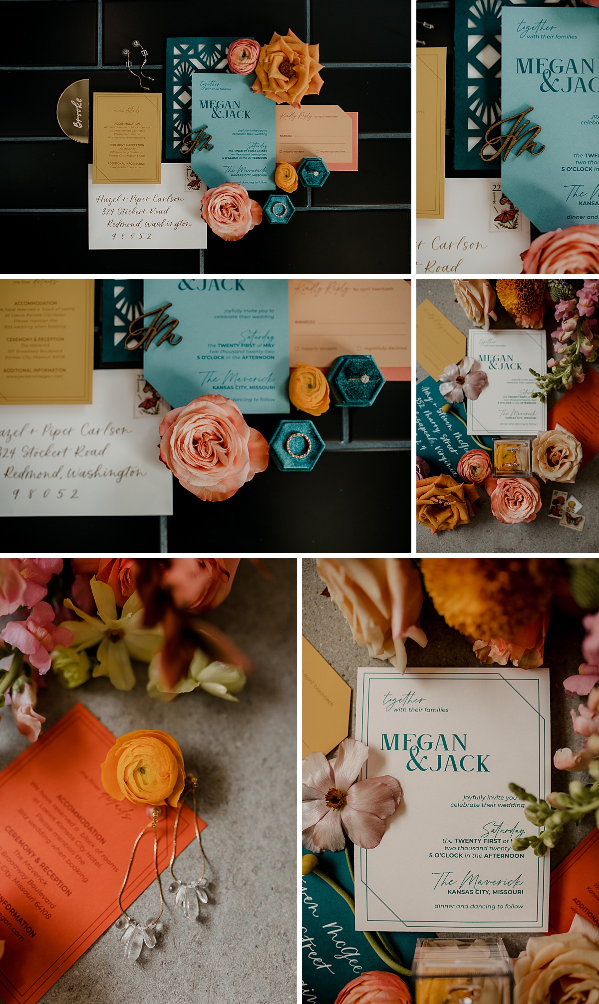 Colorful wedding detail flat lay with stationery, rings and flowers.