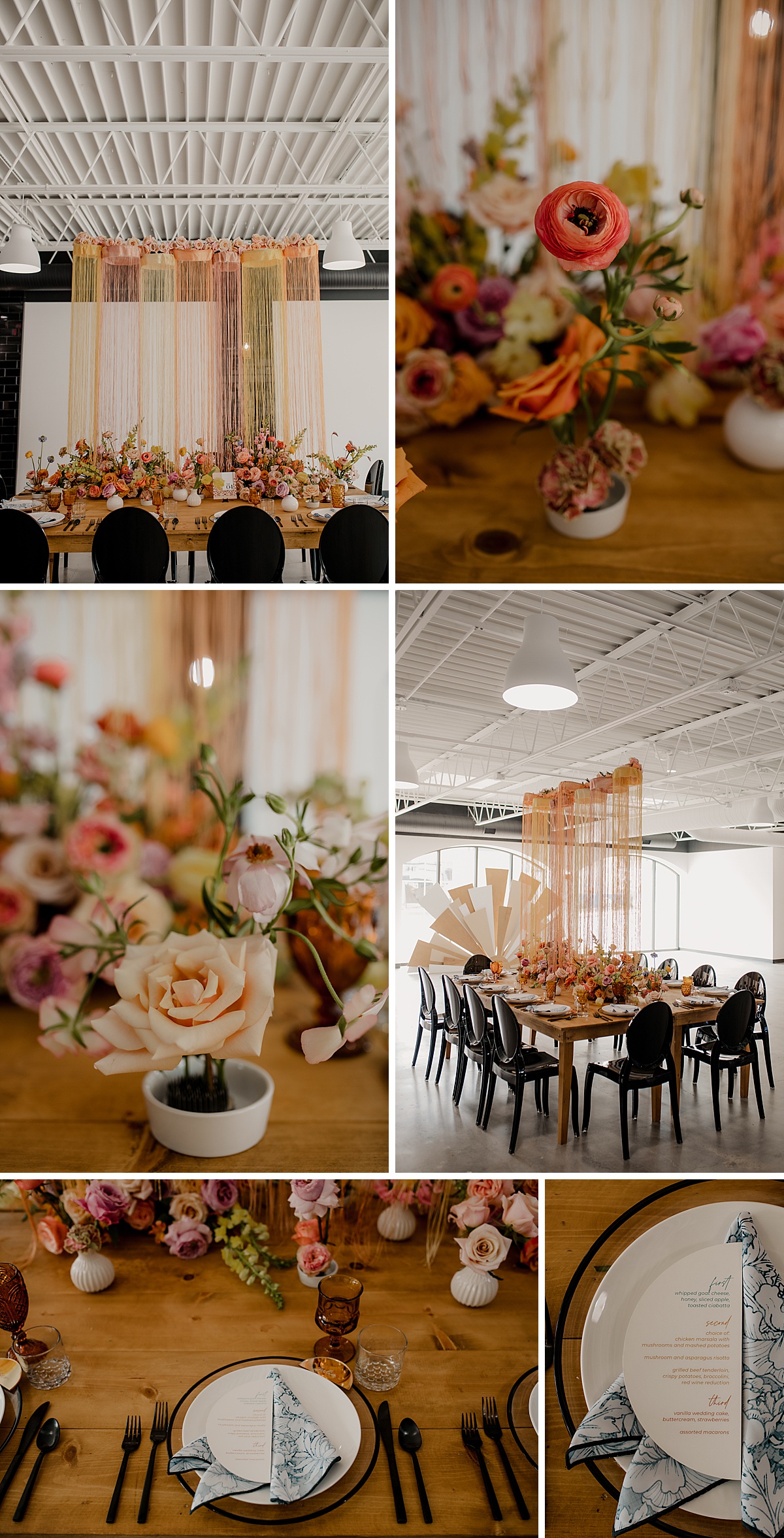 Modern colorful wedding tablescape and vibrant decor with black chairs, flowers and a custom fringe installation.