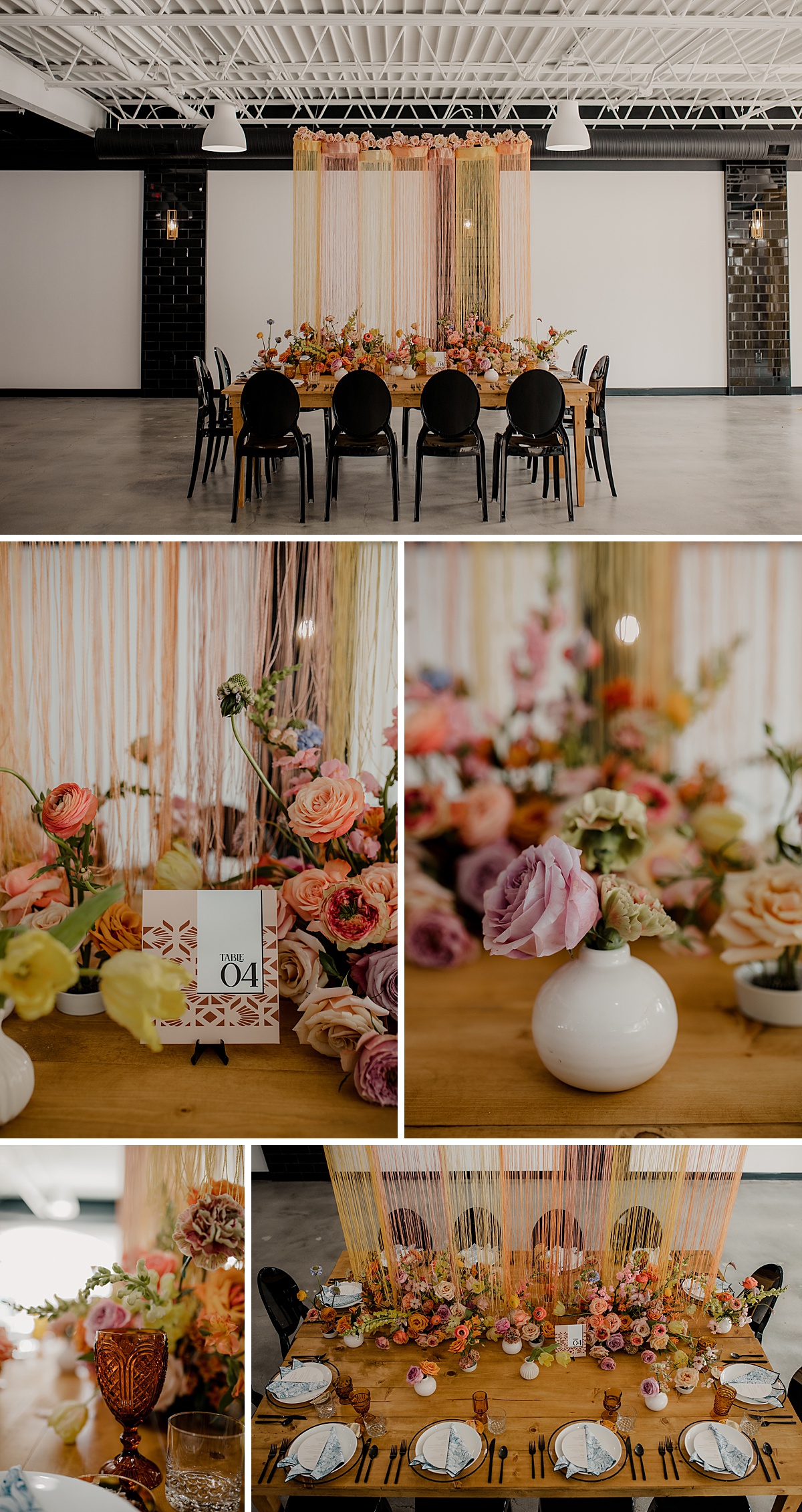 Modern, bold wedding tablescape design with flowers, black cutlery and hanging fringe installation.